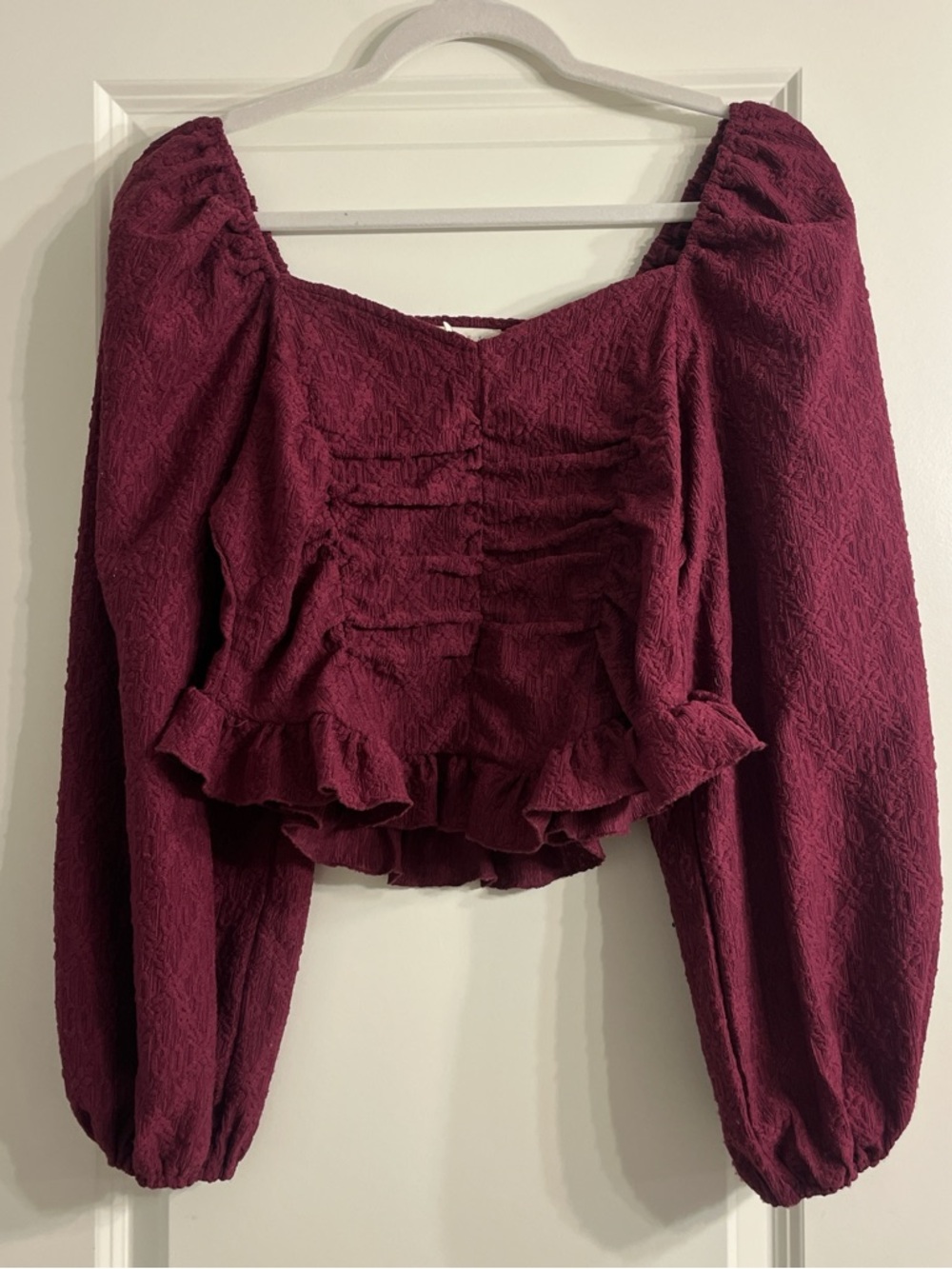 Women’s Burgundy Peasant Blouse with Ruffle Hem